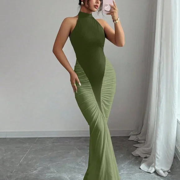 Army Green Elegant Women's Halter Neck Color Block Cinched Waist Fishtail Dress - Picture 5 of 6